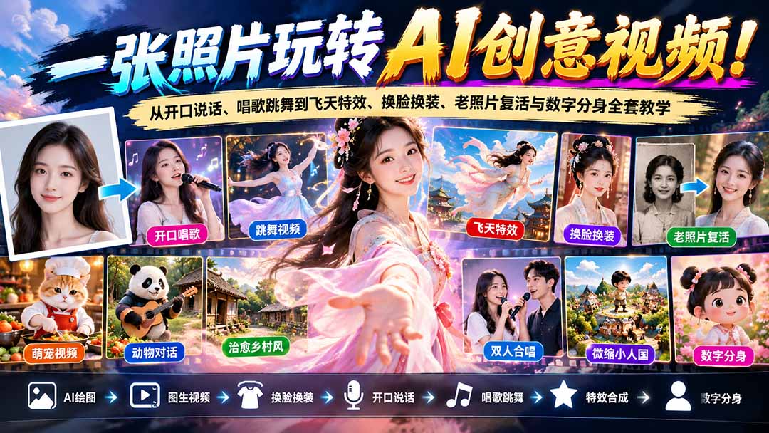 一张照片玩转AI创意视频！从开口说话、唱歌跳舞到飞天特效、换脸换装、老照片复活与数字分身全套教学-伊亚库