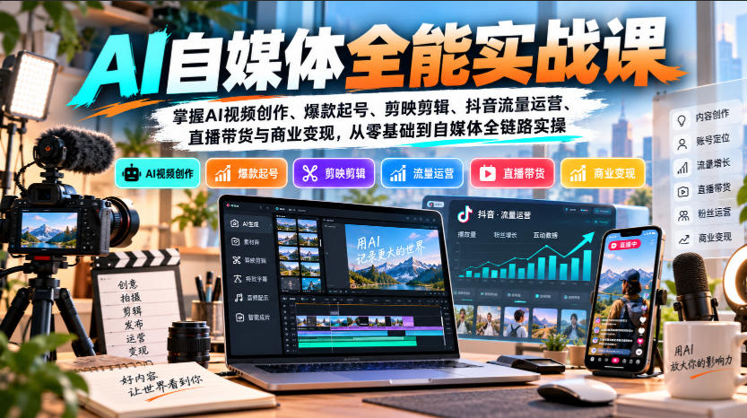 【无水印】AI自媒体全能实战课，掌握AI视频创作、爆款起号、剪映剪辑、抖音流量运营、直播带货与商业变现，从零基础到自媒体全链路实操-伊亚库