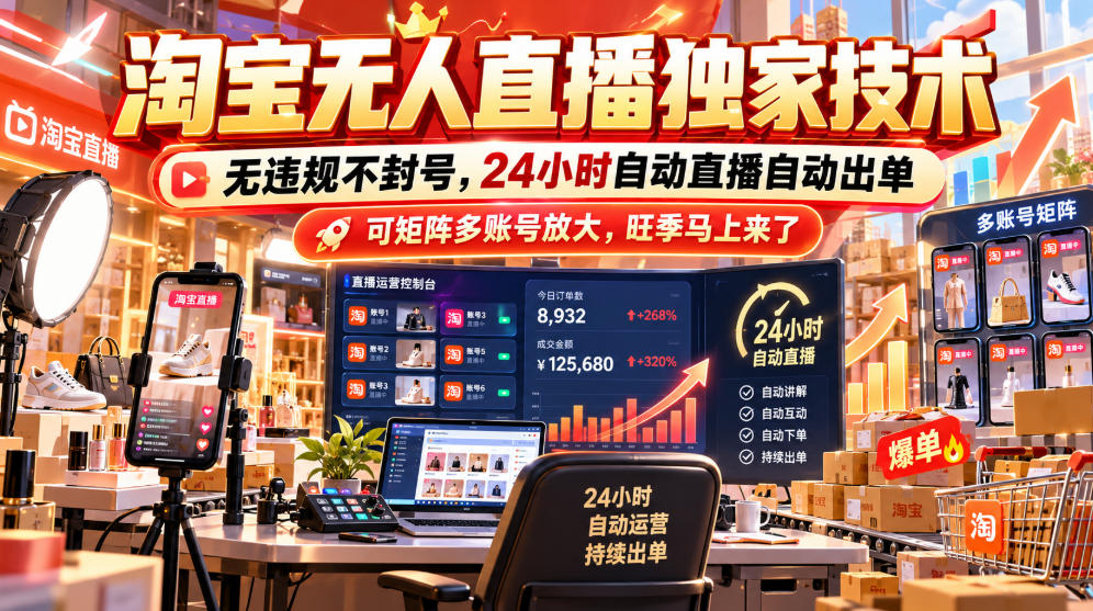 淘宝无人直播独家技术，无违规不封号，24小时自动直播自动出单，可矩阵多账号放大，旺季马上来了【揭秘】-伊亚库