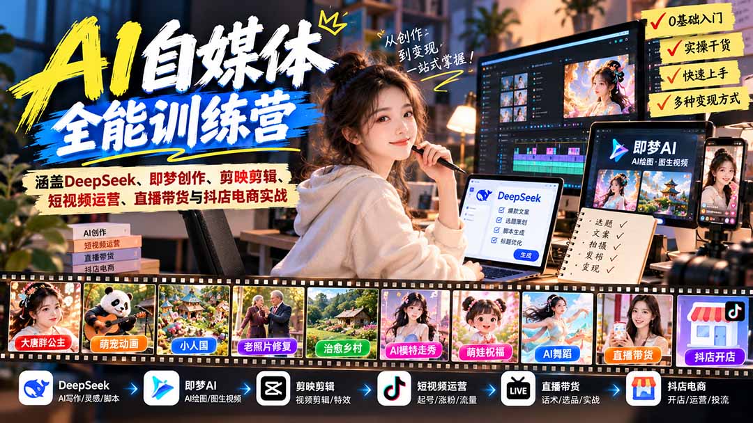 【无水印】AI+自媒体全能训练营：涵盖DeepSeek、即梦创作、剪映剪辑、短视频运营、直播带货与抖店电商实战-伊亚库