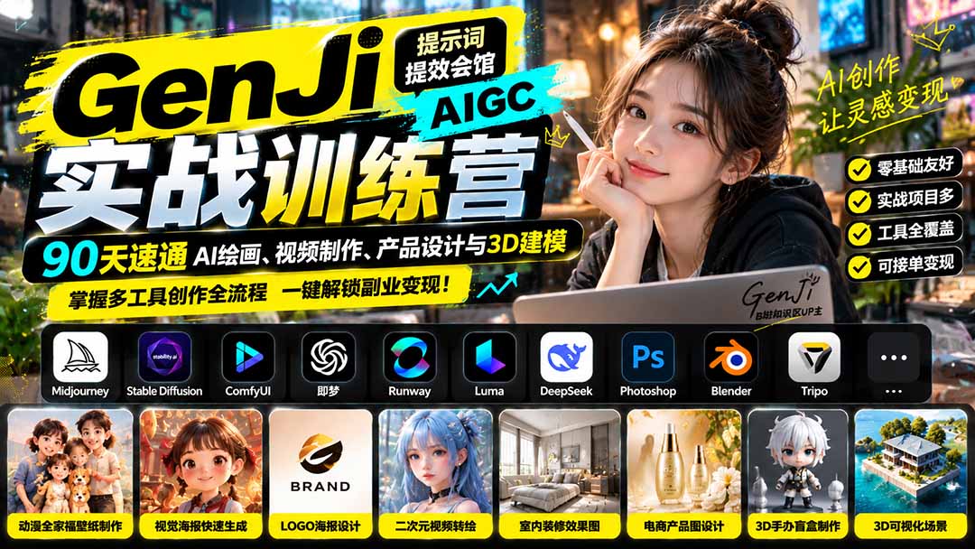 GenJi AIGC实战训练营：90天速通AI绘画、视频制作、产品设计与3D建模，掌握多工具创作全流程-伊亚库