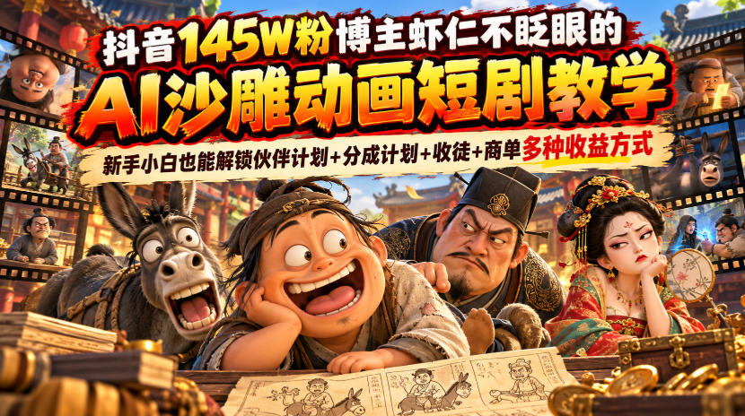 抖音145W粉博主虾仁不眨眼的AI沙雕动画短剧教学，新手小白也能解锁伙伴计划+分成计划+收徒+商单多种收益方式-伊亚库
