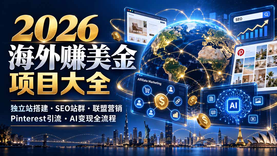 2026海外赚美金项目大全：独立站搭建、SEO站群、联盟营销、Pinterest引流与AI变现全流程-伊亚库