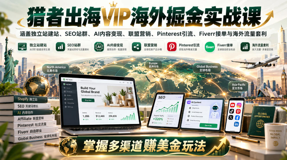 猎者出海VIP海外掘金实战课：涵盖独立站、SEO站群、AI变现、联盟营销、Pinterest引流、Fiverr接单与海外流量套利，掌握多渠道賺美金玩法-伊亚库