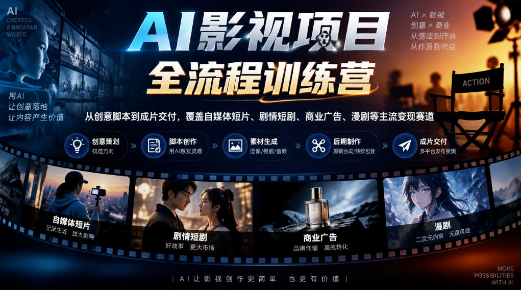 AI影视项目全流程训练营，从创意脚本到成片交付，覆盖自媒体短片、剧情短剧、商业广告、漫剧等主流变现赛道-伊亚库