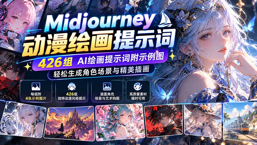 Midjourney动漫绘画提示词：426组AI绘画提示词附示例图，轻松生成角色场景与精美插画-伊亚库