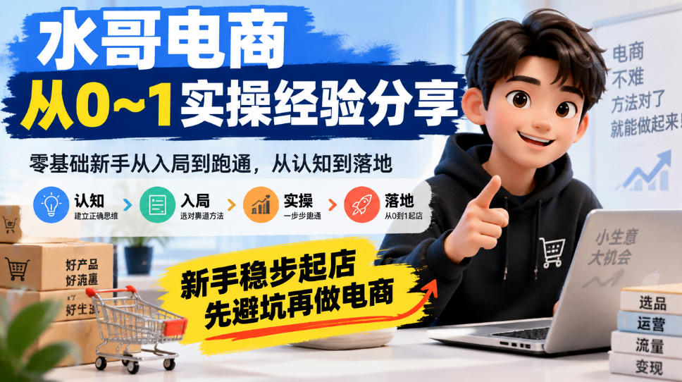 水哥电商从0~1实操经验分享，​零基础新手从入局到跑通，从认知到落地，新手稳步起店，先避坑再做电商-伊亚库