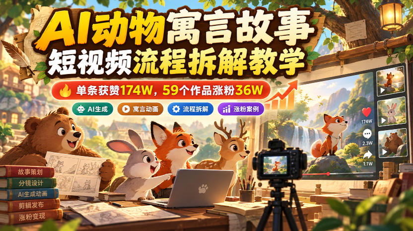 AI动物寓言故事短视频流程拆解教学，单条获赞174W，59个作品涨粉36W-伊亚库