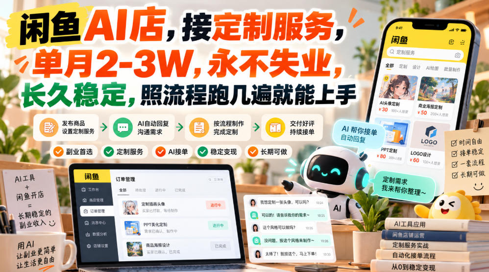 闲鱼AI店，接定制服务，单月2-3W，永不失业，长久稳定，照流程跑几遍就能上手-伊亚库
