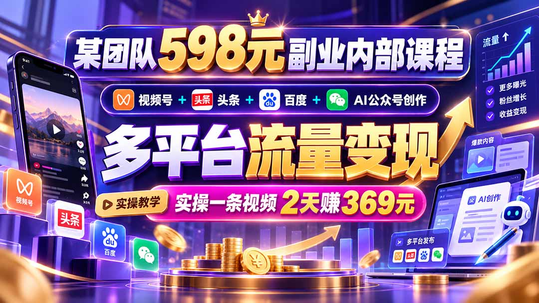 某团队598元副业内部课程：视频号+头条+百度+AI公众号创作、多平台流量变现，实操一条视频2天赚369元-伊亚库