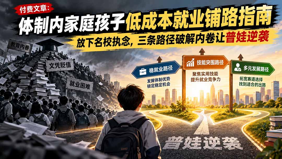 付费文章：体制内家庭孩子低成本就业铺路指南，放下名校执念，三条路径破解内卷让普娃逆袭-伊亚库