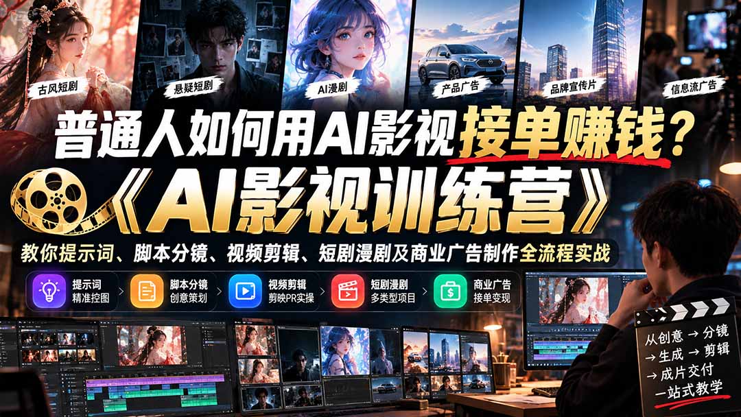 普通人如何用AI影视接单赚钱？《AI影视训练营》教你提示词、脚本分镜、视频剪辑、短剧漫剧及商业广告制作全流程实战-伊亚库