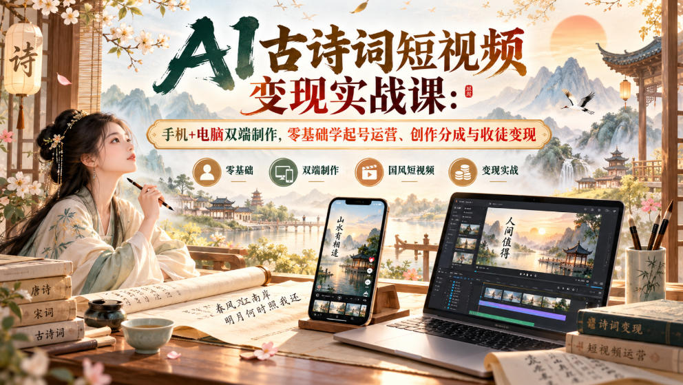 AI古诗词短视频变现实战课：手机+电脑双端制作，零基础学起号运营、创作分成与收徒变现-伊亚库