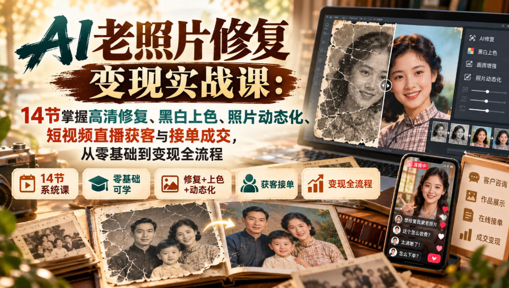 AI老照片修复变现实战课：14节掌握高清修复、黑白上色、照片动态化、短视频直播获客与接单成交，从零基础到变现全流程-伊亚库