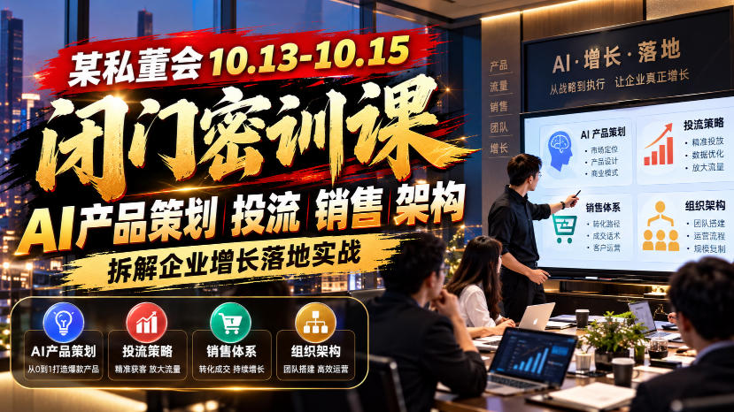 某私董会10.13-10.15闭门密训课，AI产品策划投流销售架构，拆解企业增长落地实战-伊亚库