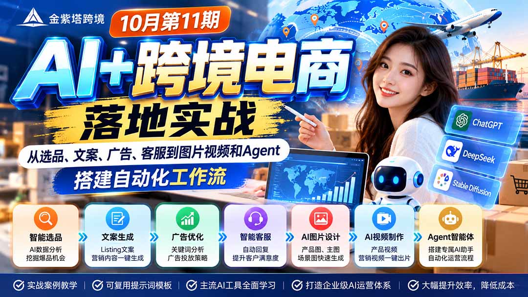 2026 AI+跨境电商落地实战10月第11期：从选品、文案、广告、客服到图片视频和Agent，搭建自动化工作流-伊亚库
