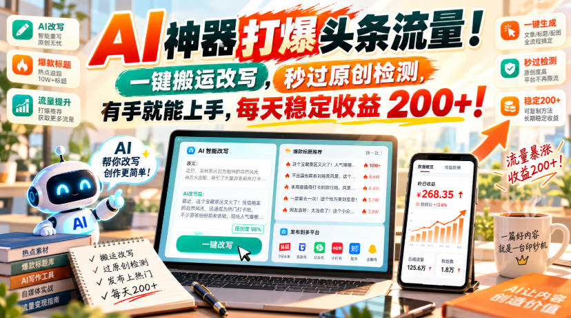 AI神器打爆头条流量，一键搬运改写，秒过原创检测，有手就能上手，每天稳定收益200+！【揭秘】-伊亚库