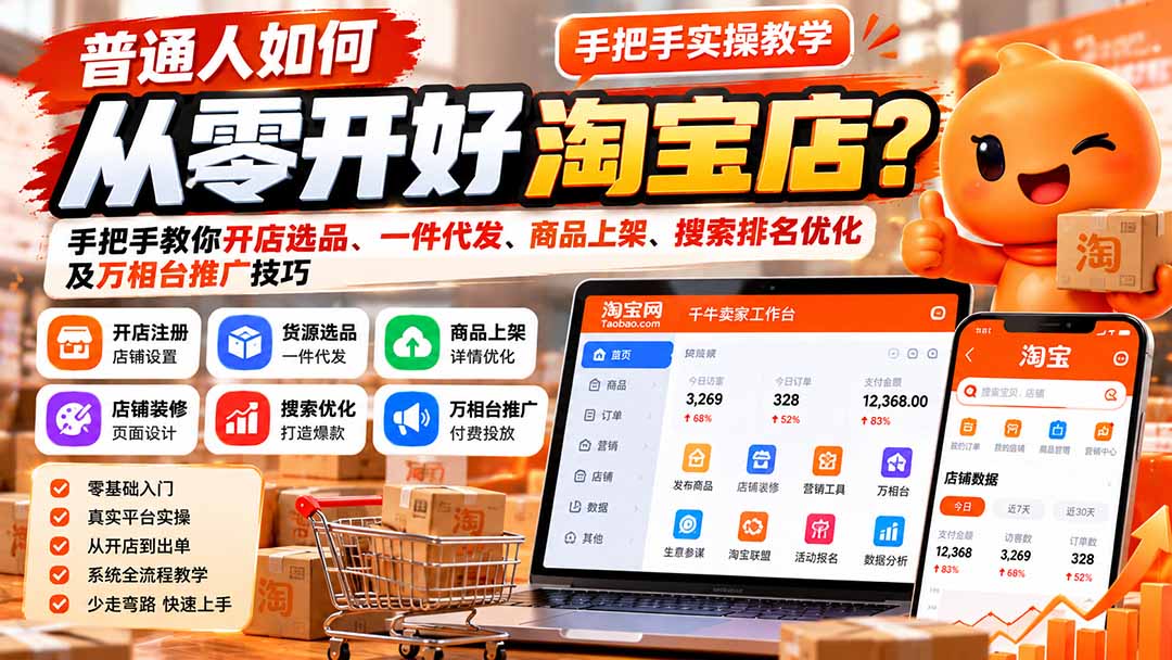 普通人如何从零开好淘宝店？手把手教你开店选品、一件代发、商品上架、搜索排名优化及万相台推广技巧-伊亚库