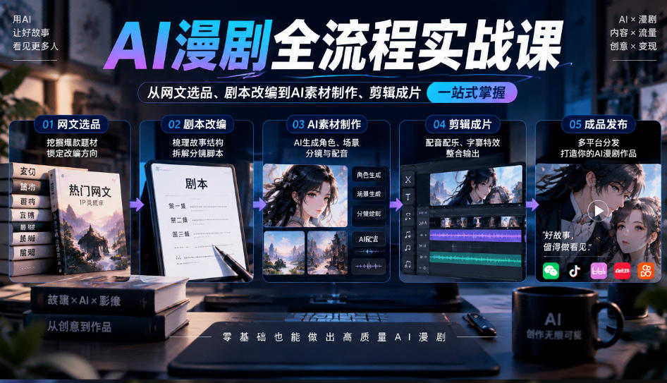 AI漫剧全流程实战课，覆盖从网文选品、剧本改编到AI素材制作、剪辑成片的完整链路-伊亚库