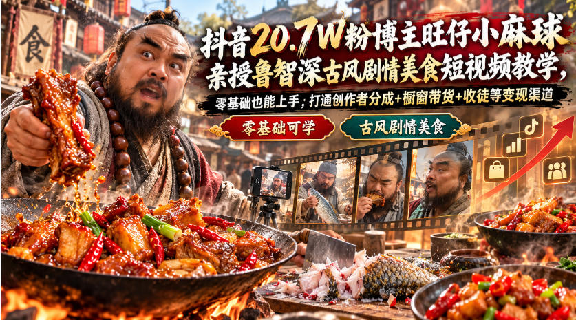 抖音20.7W粉博主旺仔小麻球亲授鲁智深古风剧情美食短视频教学，零基础也能上手，打通创作者分成+橱窗带货+收徒等变现渠道-伊亚库