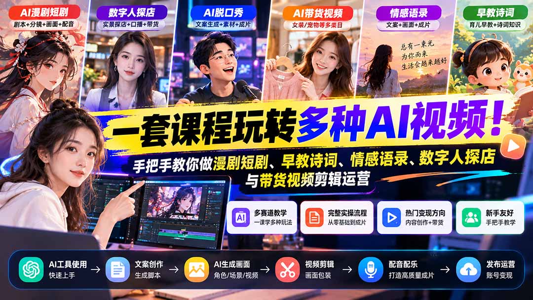 【无水印】一套课程玩转多种AI视频！手把手教你做漫剧短剧、早教诗词、情感语录、数字人探店与带货视频剪辑运营-伊亚库