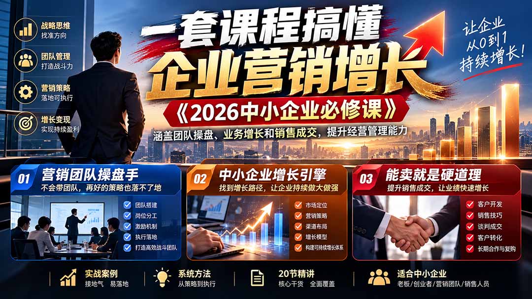 一套课程搞懂企业营销增长《2026中小企业必修课》涵盖团队操盘、业务增长和销售成交，提升经营管理能力-伊亚库