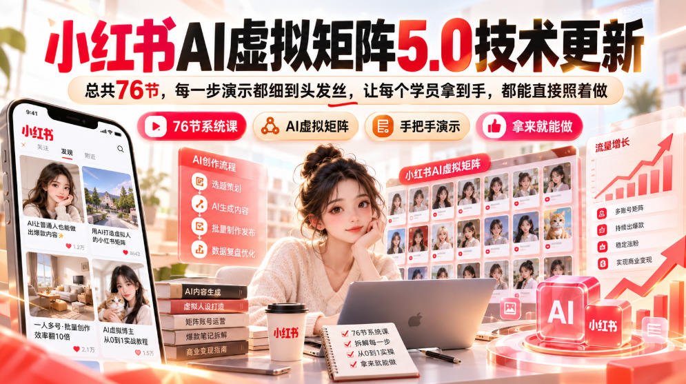 小红书AI虚拟矩阵5.0技术更新,总共76节,每一步演示都细到头发丝,让每个学员拿到手,都能直接照着做