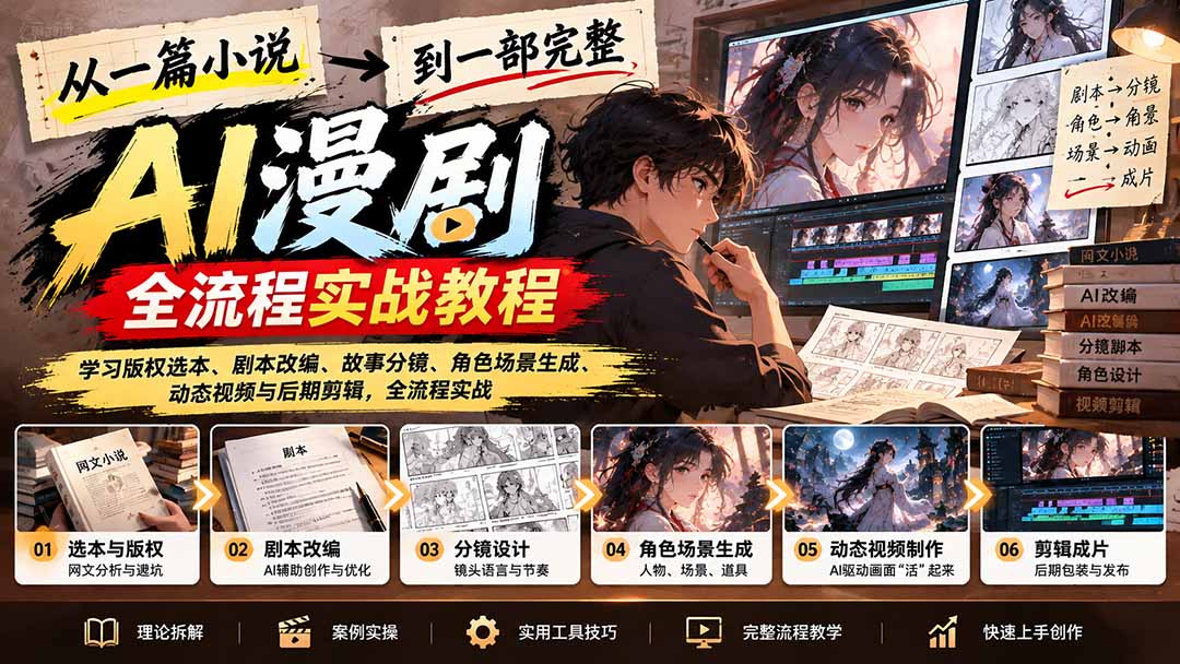 从一篇小说到一部完整AI漫剧：学习版权选本、剧本改编、故事分镜、角色场景生成、动态视频与后期剪辑-伊亚库