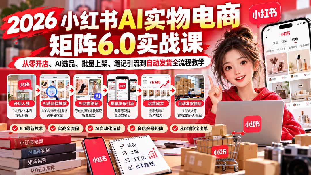 2026小红书AI实物电商矩阵6.0实战课：从零开店、AI选品、批量上架、笔记引流到自动发货全流程教学-伊亚库