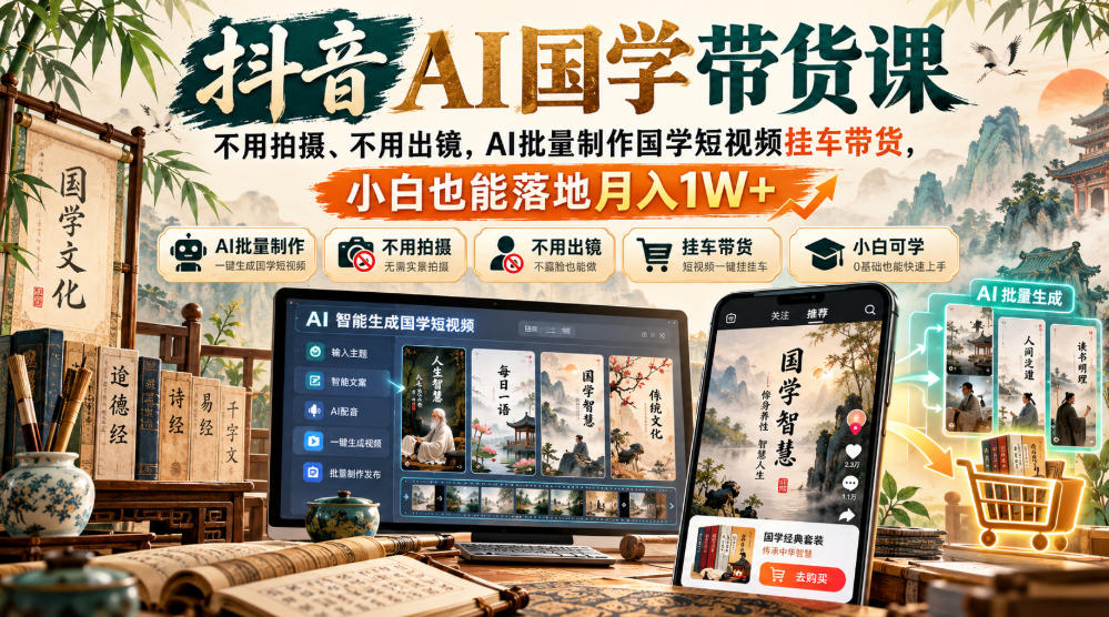 抖音AI国学带货课，不用拍摄、不用出镜，AI批量制作国学短视频挂车带货，小白也能落地月入1W+-伊亚库