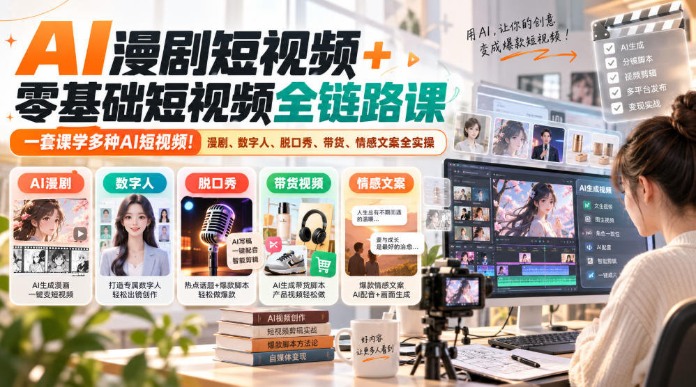AI漫剧短视频+零基础短视频全链路课，一套课学多种AI短视频！漫剧、数字人、脱口秀、带货、情感文案全实操-伊亚库