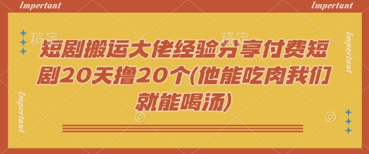 短剧搬运大佬经验分享付费短剧20天撸20个(他能吃肉我们就能喝汤)-伊亚库